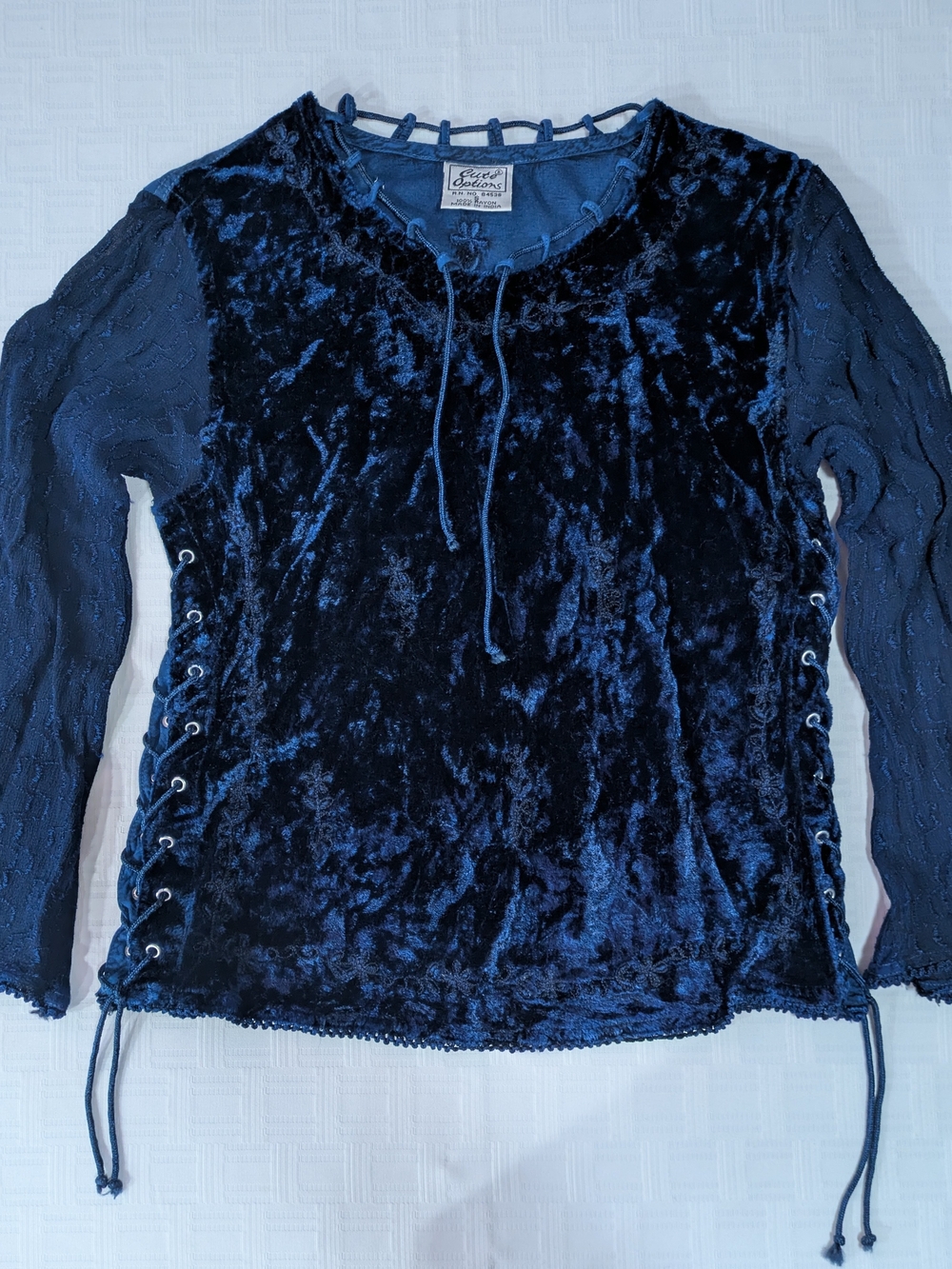 Vintage Y2K Cute Options Velvet Lace Up Top Blue Sheer Bell Sleeve Whimsigoth S